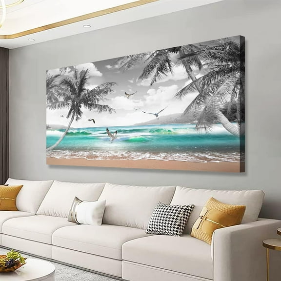 Aaheei Beach Palm Pictures Canvas Wall Art For Living Room Bedroom Wall Decor,Sea Wave Wall Art Print Paitnings For Home Decor,Morden Artwork Coconut Tree Canvas Art Ready To Hang