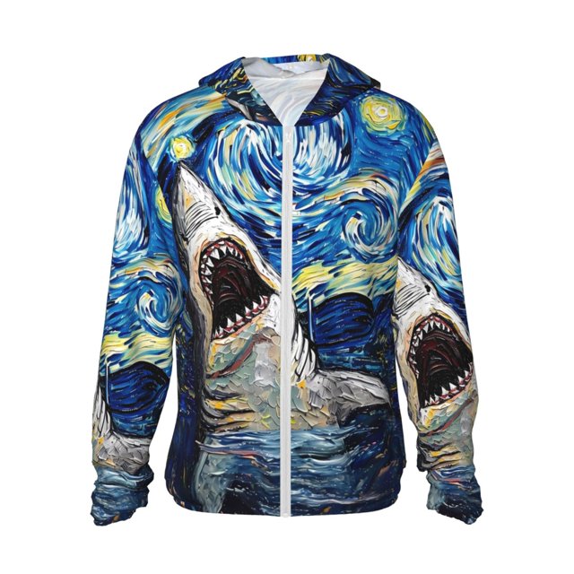 Fotbe Vintage Starry Sky Shark Chaqueta con Protección Solar UPF 50+ para Hombre y Mujer, Camisa con Capucha y Bolsillos-Medium