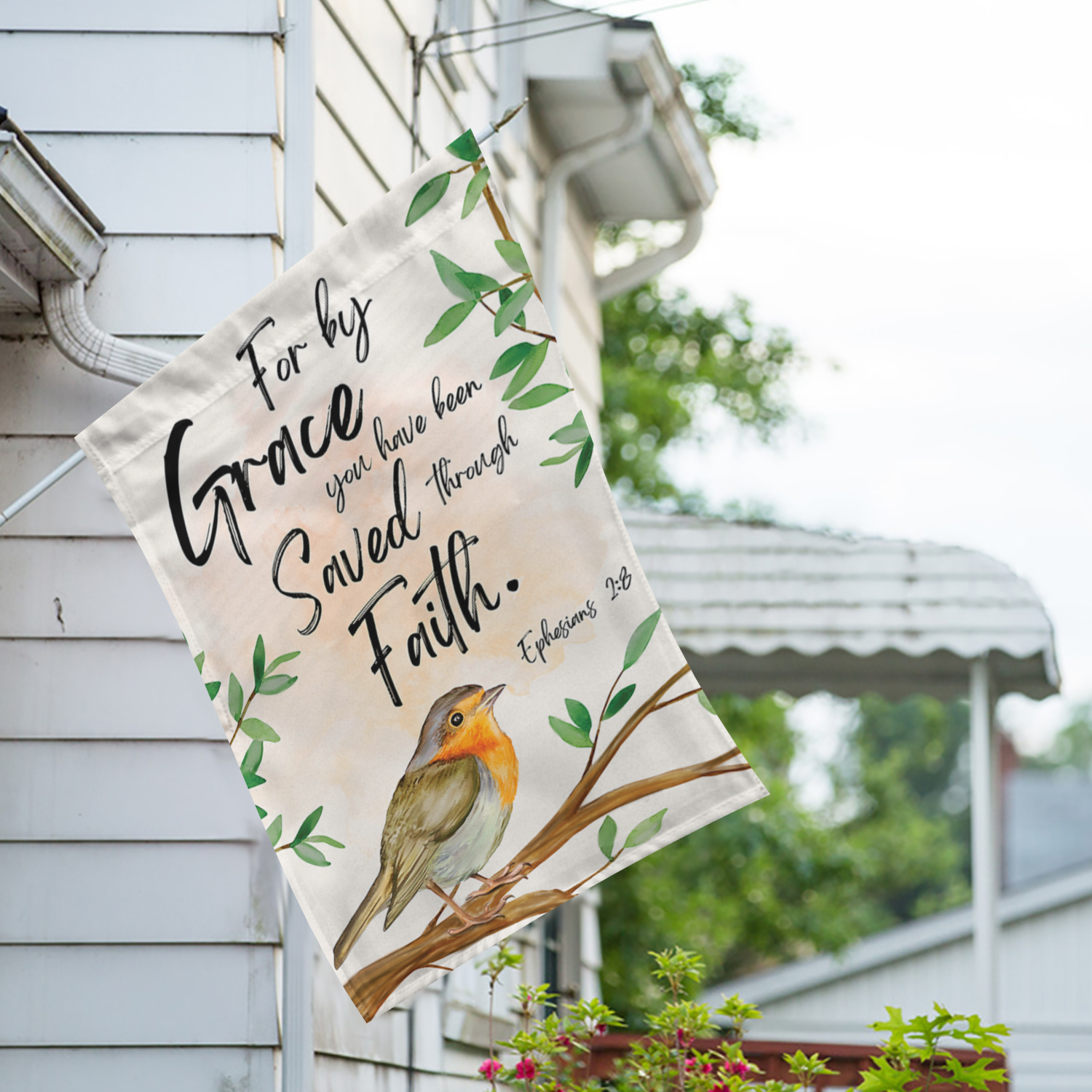 America Forever Saved By Faith House Flag, 28 x 40 inch Double Sided, Christian Scripture Banner, Biblical Verse Decoration, Religious Bird Outdoor Decor, Ephesians Yard Flag