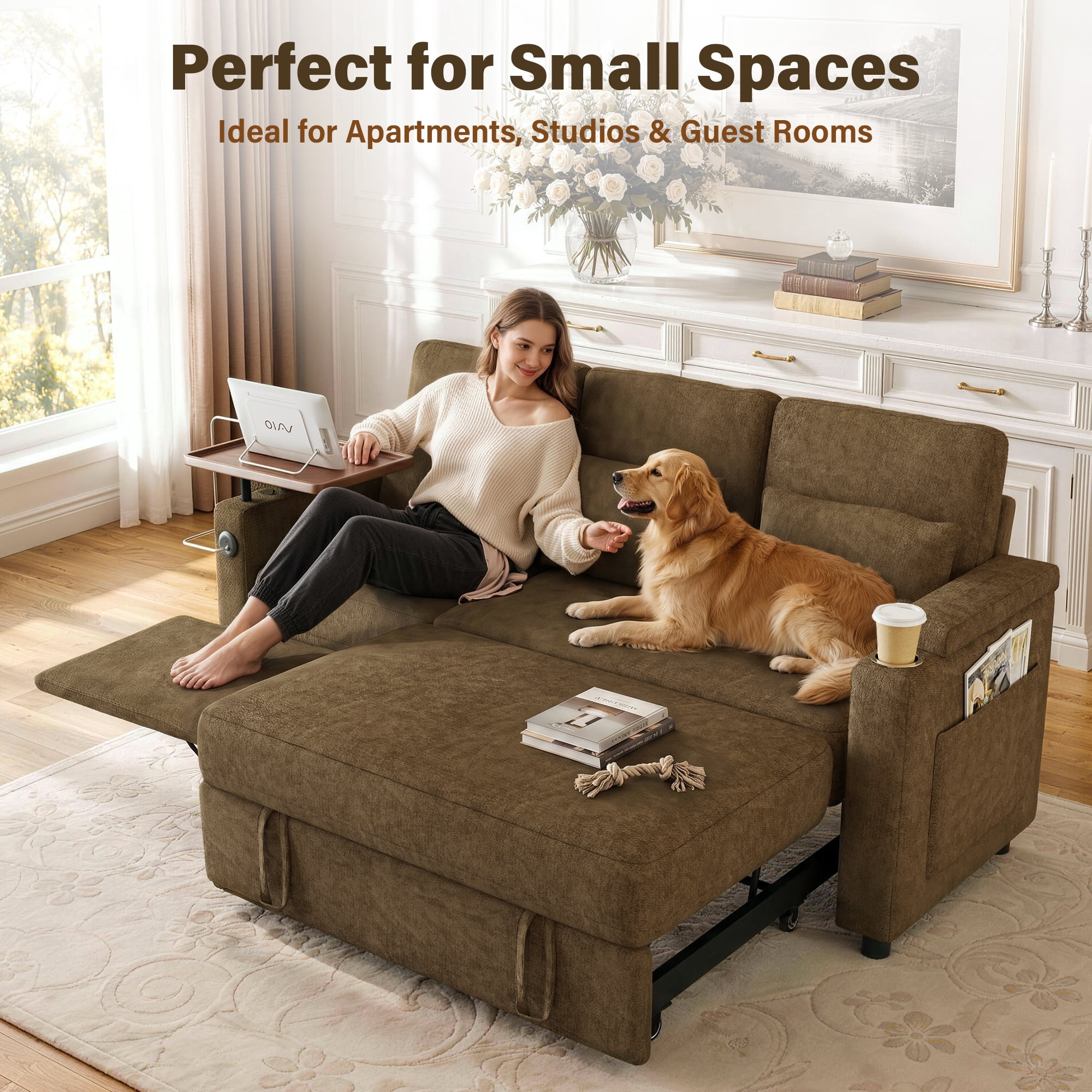 Aukfa 81" Convertible Sleeper Sofa,Chenille 3-in-1 Sofa Bed with Recliner,Center Table,USB Ports & Storage Armrests,Khaki