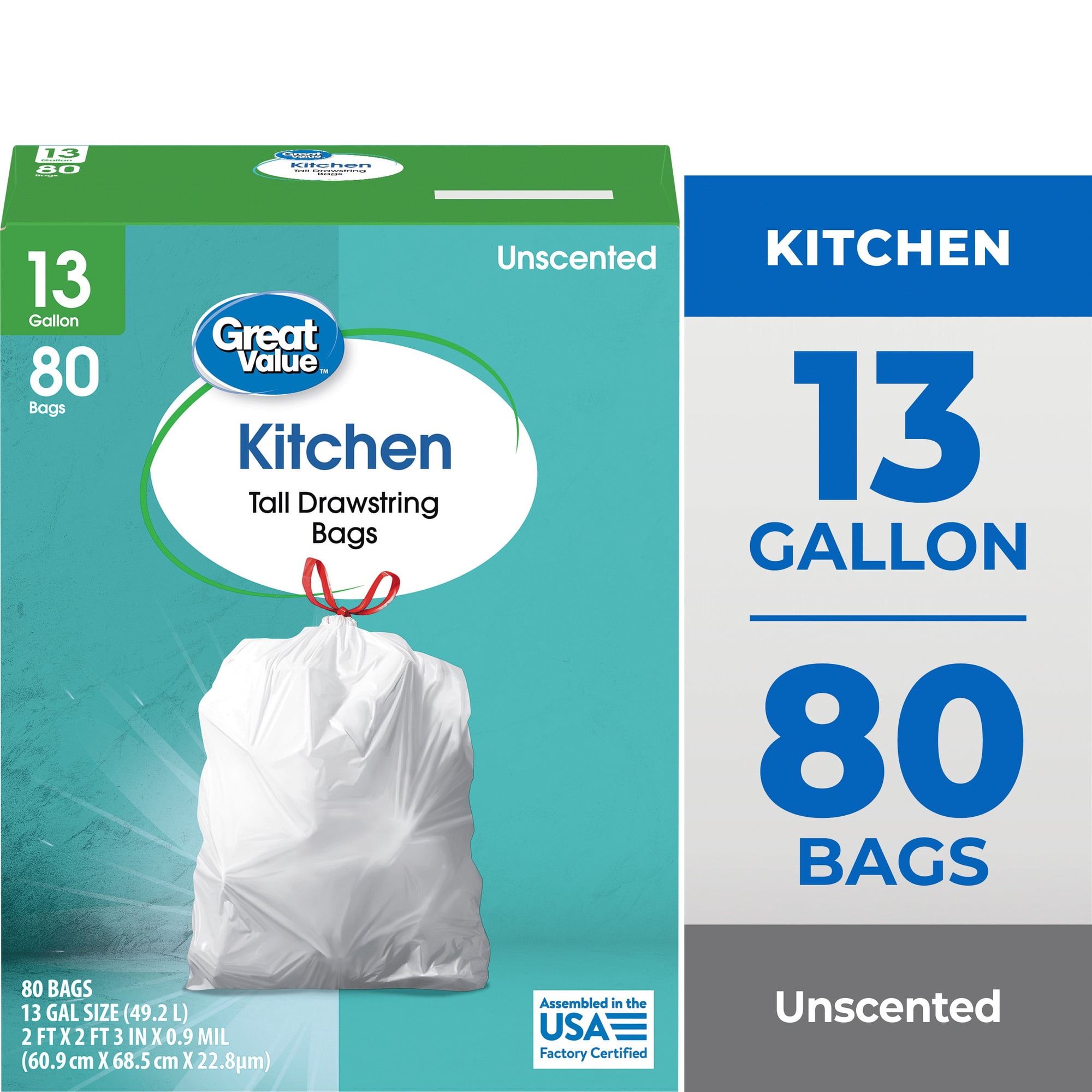 Great Value Tall Kitchen Drawstring Trash Bags, 13 gal, 80 Count