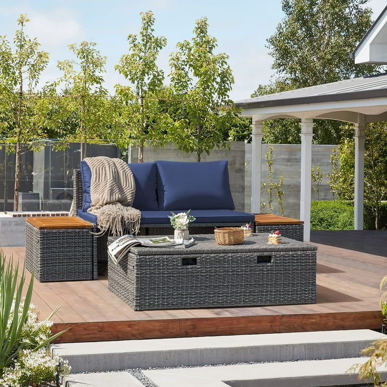 Devoko Patio Daybed Set – Outdoor Rattan Lounge Bed With 2 Side Tables (Navy Blue)