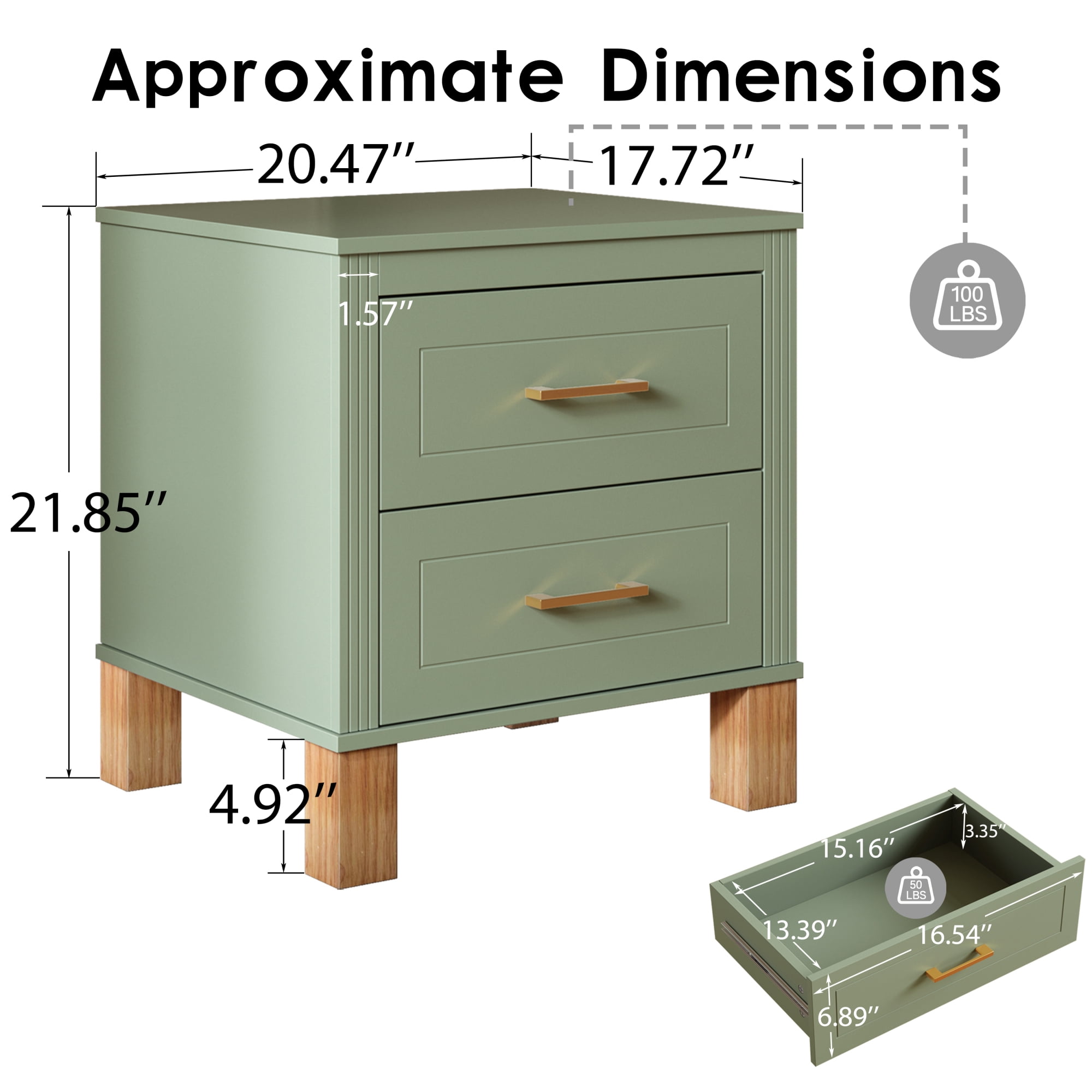 Leumius Nightstand for Bedroom,Wood Bedside Table with 2 Drawer & Solid Wood Legs,Small Storage Cabinet for Living Room,Green