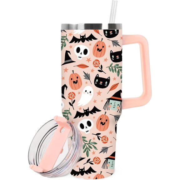 40oz Halloween Tumbler with Handle Straw and Lid Spooky Skull Ghost Pumpkin Travel Tumbler Coffee Cup for Holiday Party Home Office