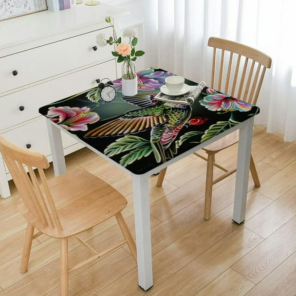 Acheng Hummingbird Flowers Black Background Square Fitted Tablecloth 100% Polyester Fiber 36*36