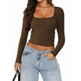 thumbnail image 1 of Female Long Sleeve Crop Top Square Neck Going Out Tops Cute Ribbed Knit Bow-Knot Lace Patchwork T Shirts Coffee L, 1 of 8