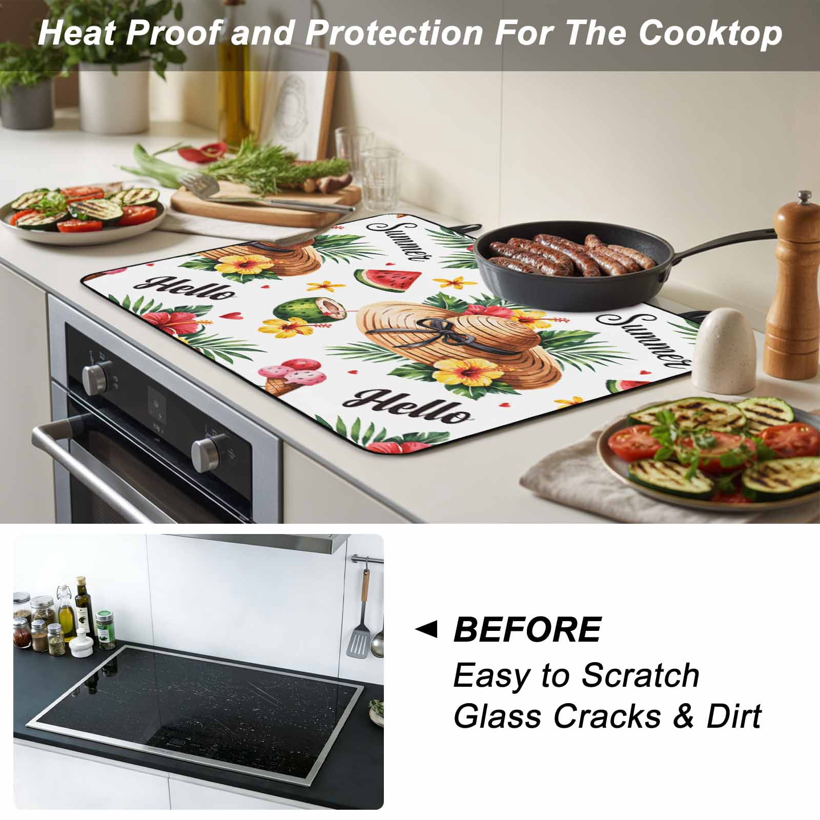 Summer Stove Top Cover for Electric Stove, Heat-proof & Non Slip Glass Top Stove Cover Protector, Tropical Plants Watermelon Coconut Straw Hat Kitchen Flat Cooktop Rubber Mat 31x24 Inches