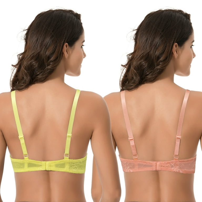 Curve Muse Women's Underwire Plus Size Push Up Add 1 and a Half Cup Lace  Bras-2PK-PINK,Yellow-46B