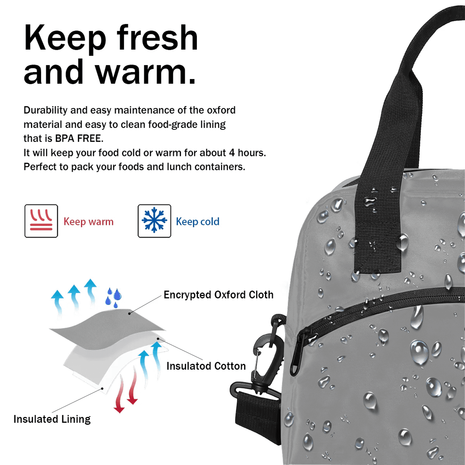 Herdesigns Grey Lunch Bag for Adults Men Women Insulated Reusable Lunch Box Leakproof Cooler Tote Bag with Adjustable Shoulder Strap