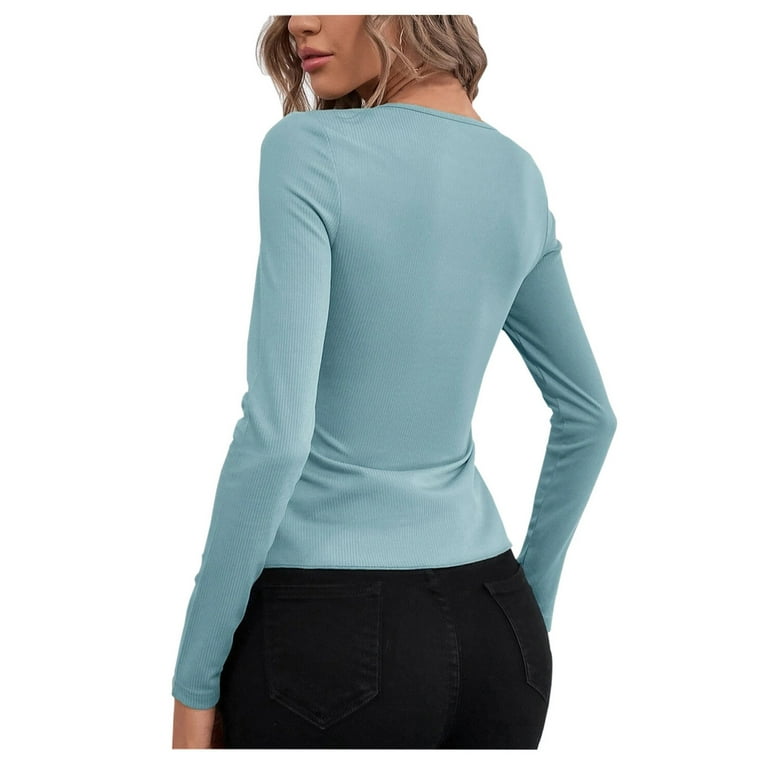 Hfyihgf Women's Long Sleeve Sweaters Wrap V Neck Pullover Ribbed Knit Slim Fitted Shirts Button Side Decor Asymmetrical Tops(Blue,S)