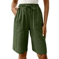 thumbnail image 2 of Sakmal Women Shorts Cotton Linen Green Home Bermuda 9 Inch Inseam Solid Mid Rise Shorts with Pockets, 2 of 9