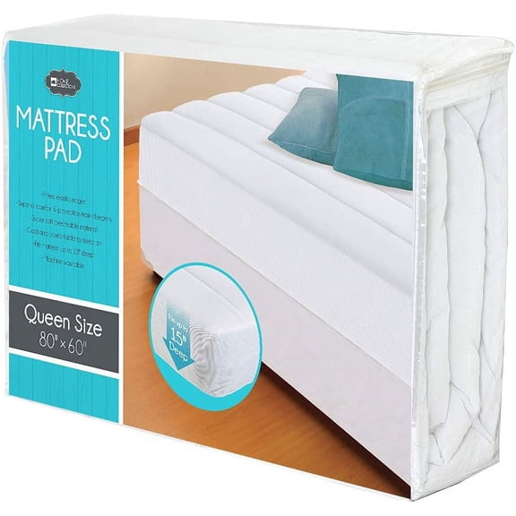 Queen Size Mattress Pad Topper White Fitted  80" x 60" Up to 15" Deep Soft and Comfortable Bedding Waterproof