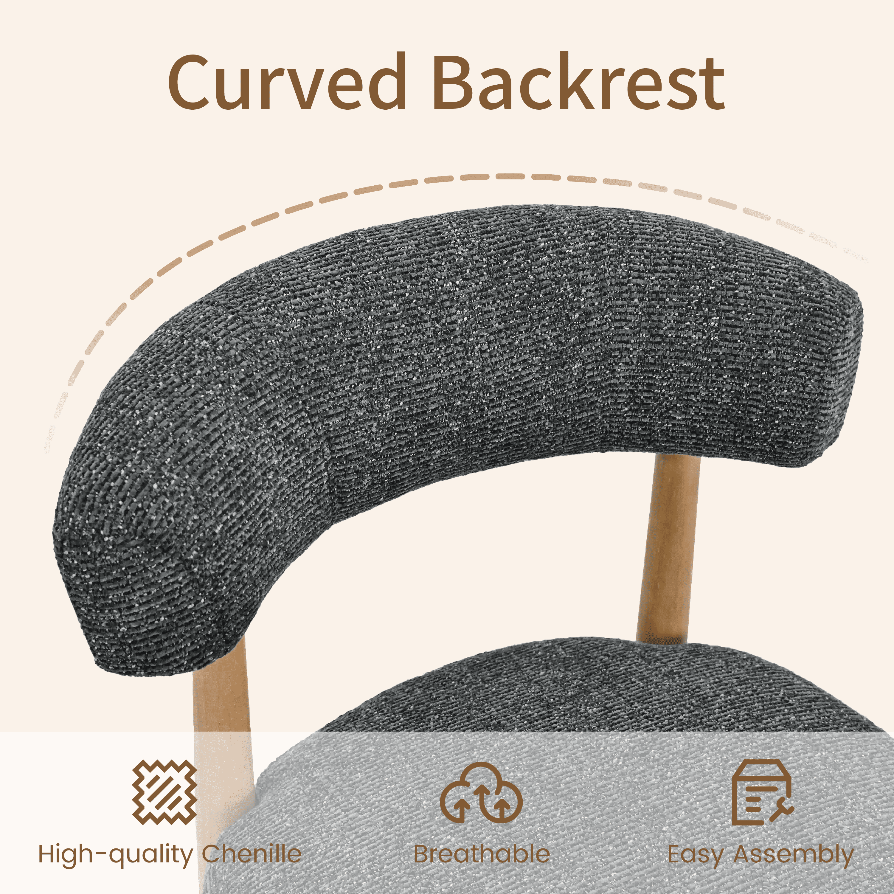 Vknow Furniture Minimalist Fabric Dining Chairs Set of 2 Solid Wood Legs Ergonomic Backrest for Dining Room Bedroom Study, Black
