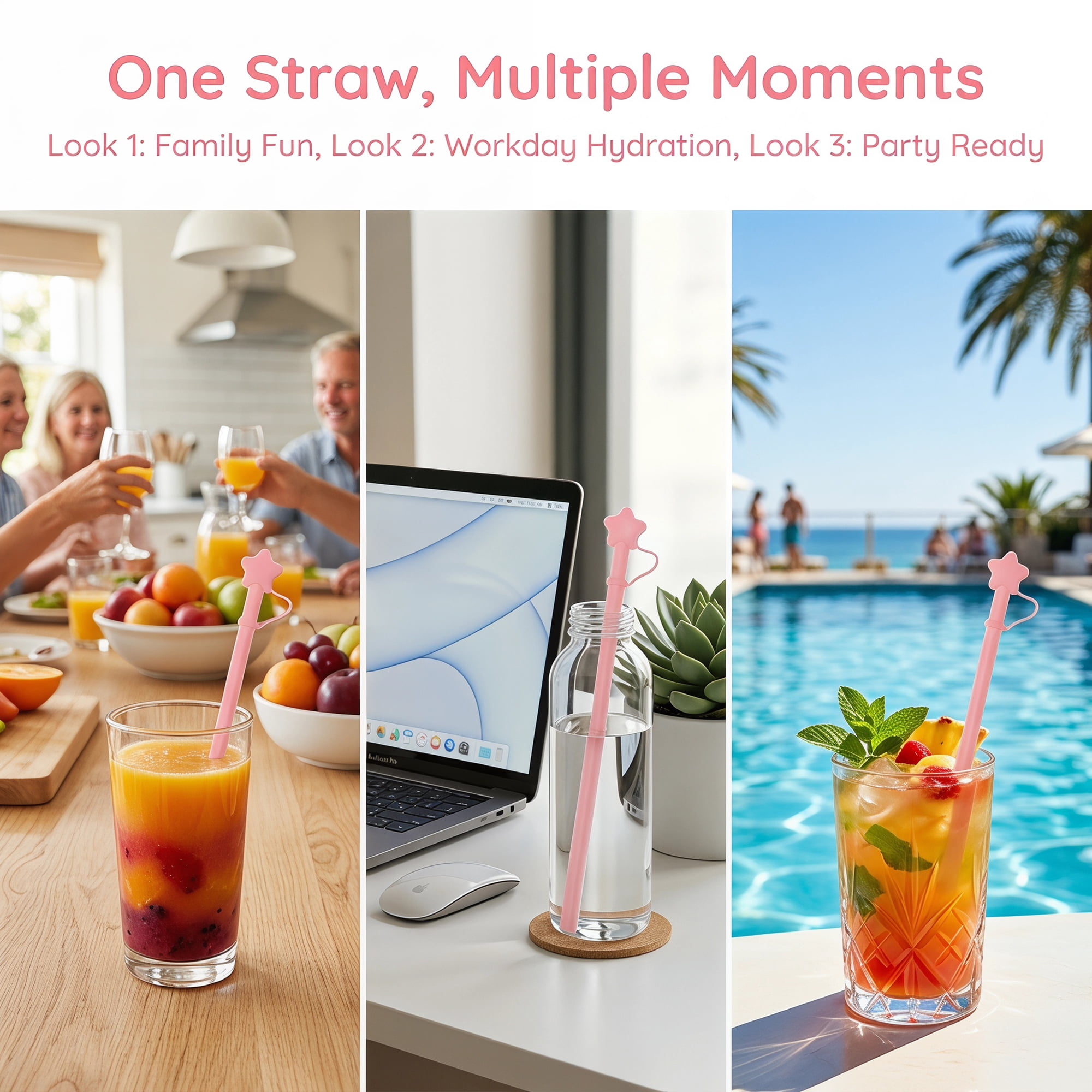 Unique Bargains 6Pcs Reusable Silicone Straws Drinking Straws Pink