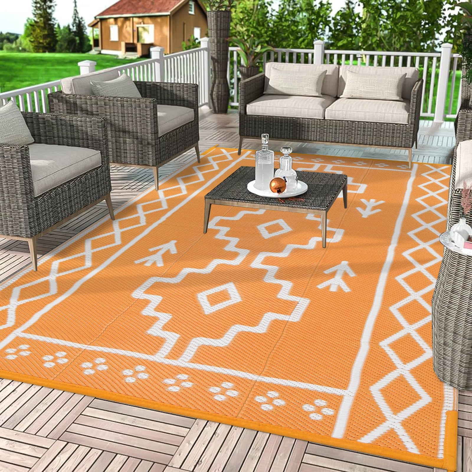 Wonnitar 6x9 Outdoor Rug Waterproof, Plastic Straw Rugs for Outside, Large Portable RV Outdoor Carpet, Orange Boho Rug for Picnic Garden Patio