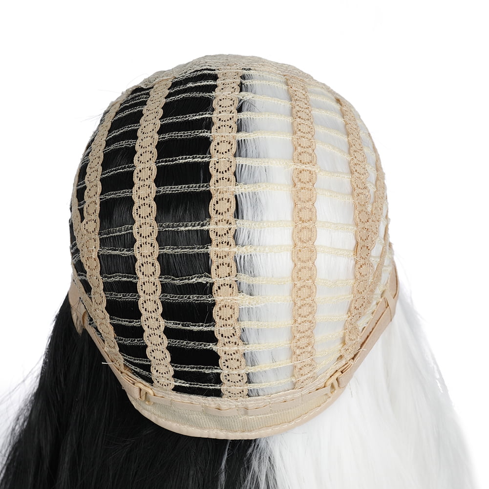 RightOn 27" Black and White Wig Long Curly Wig with Bangs Black and White Wig Two Tone Wig Women Girls Synthetic Wig with Wig Cap