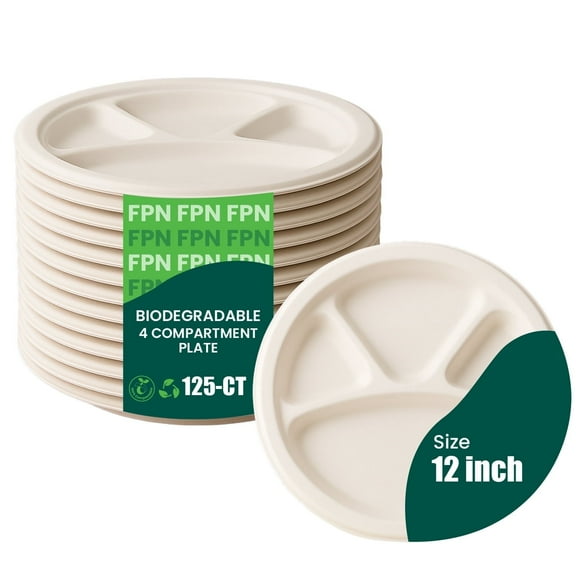 FPN Plates 4-Compartment 125 Pack Disposable Trays – Sugarcane Fiber, Biodegradable & Compostable, Paper Plates for Meals, Catering, School Lunch, Microwave & Freezer Safe