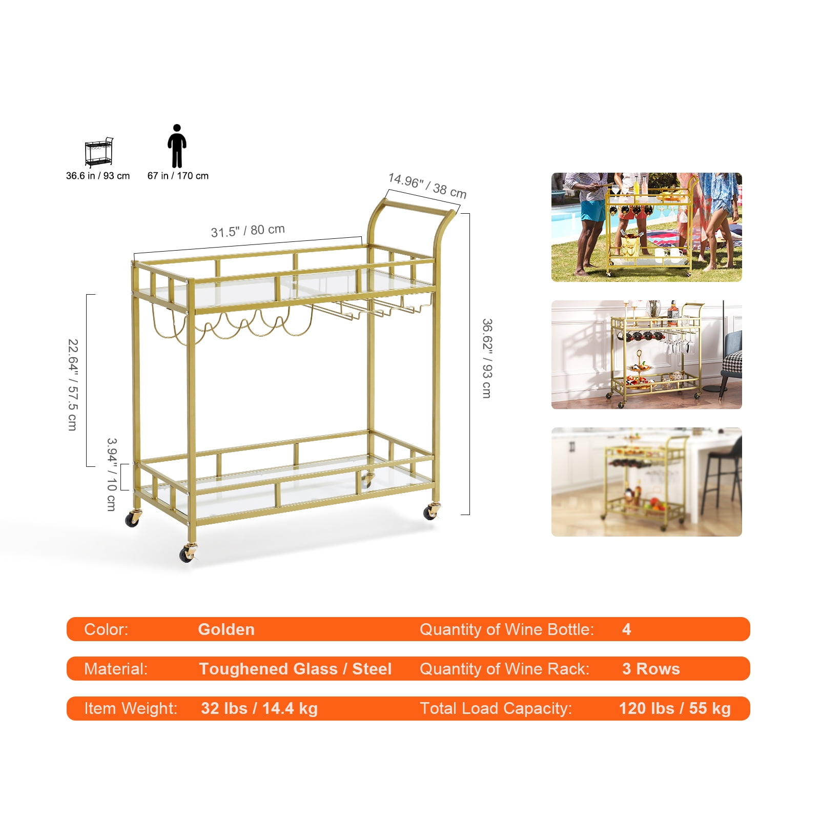 VEVOR 2 Tiers Gold Metal Bar Serving Cart with Wine Rack Glass Holder 120 lbs