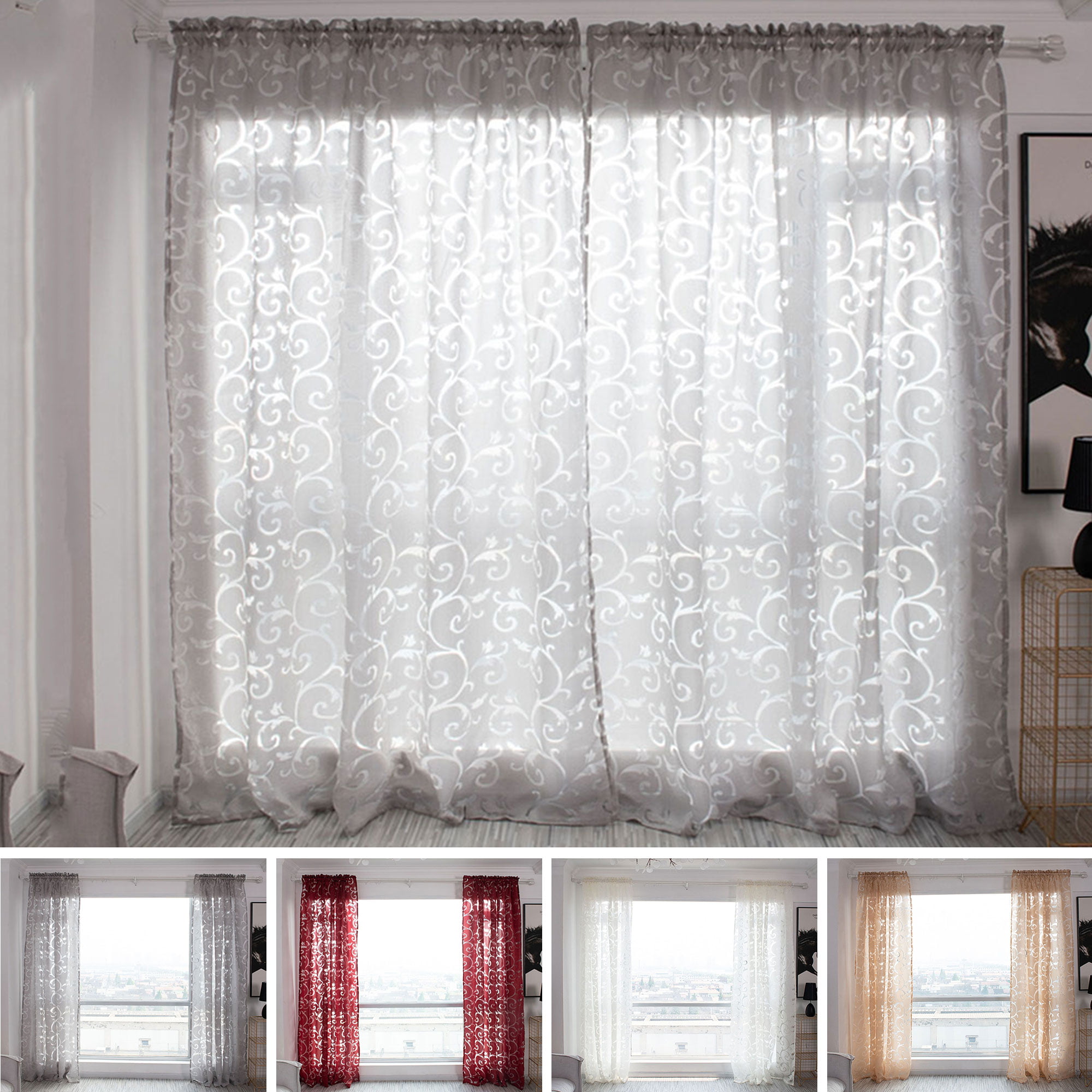 MODERN VOILE NET CURTAIN WITH GREY LACE READY TO HANG 