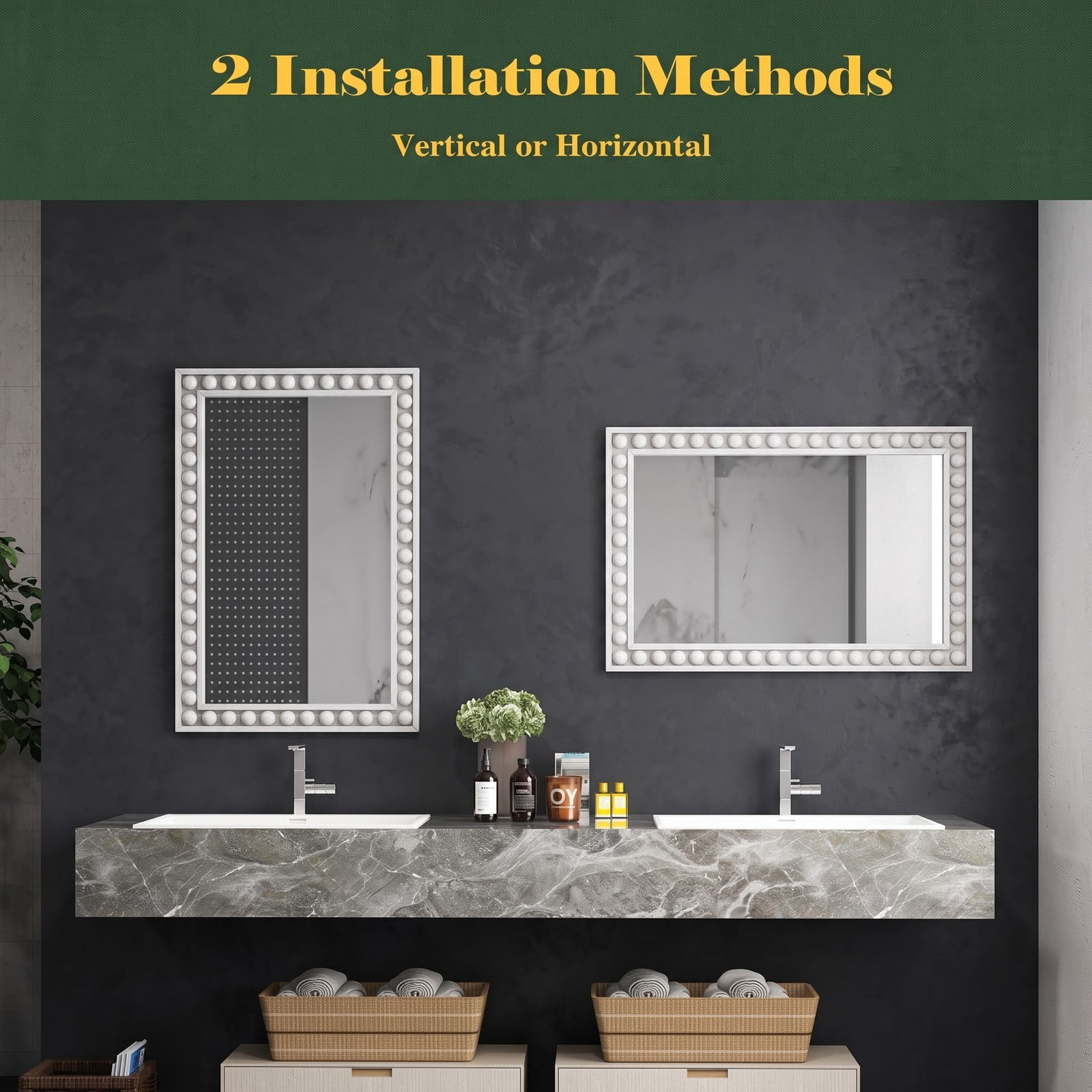 ALPULON 24 x 36 Inch Rustic Wall Mirror with Solid Wood Beaded Frame, Rectangle Vanity Mirror for Living Room Bedroom Bathroom Entryway Wall Decor, White