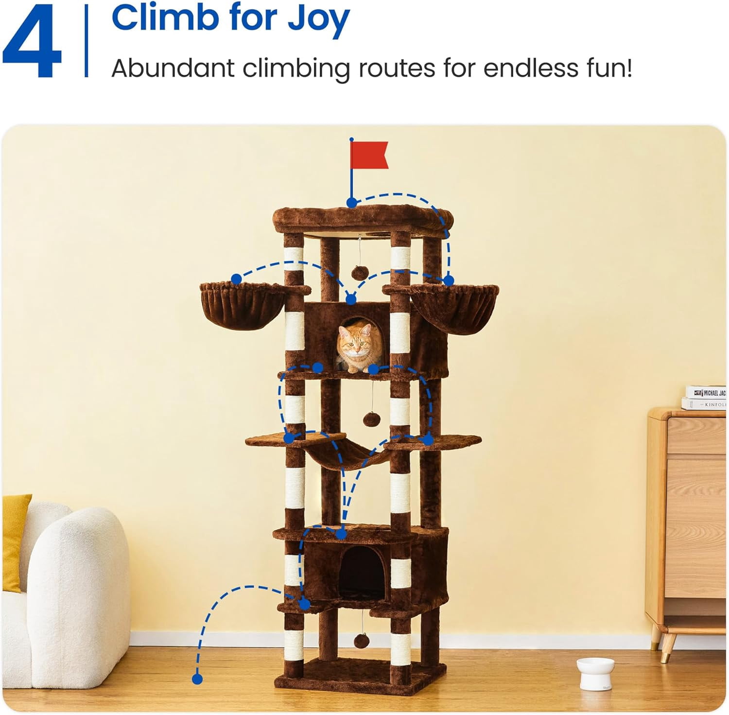 WSWJY Large Cat Tree, 67.7-Inch Tall Cat Tower for Indoor Cats with 2 Large Condos, Multi-Level Cat Stand for Large Cat with 3 Hammocks, Wide Perch, Scratching Posts, Dangling Toys, Brown