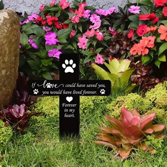 HELLOYOUNG Pet Memorial Cross Outdoor Garden Decor, Metal Grave Marker Outdoor Plugin with Plaque for Dog Cat Loss, Rustic Yard Cemetery Sign for Deceased Pets