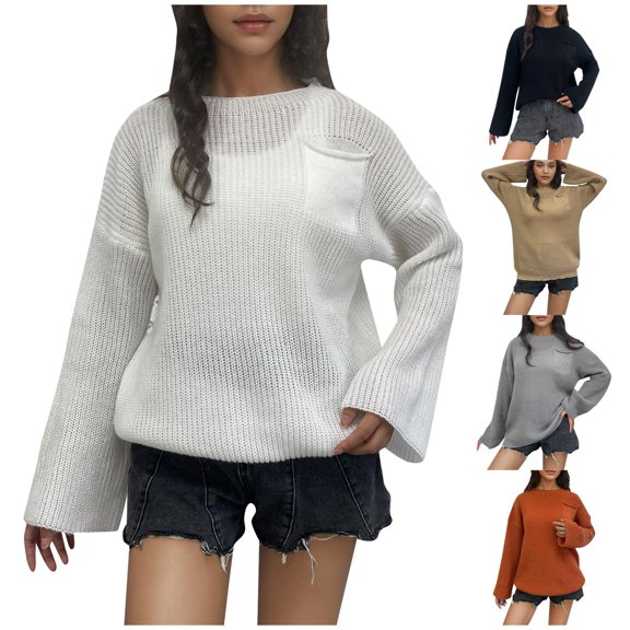 Dgankt Fall Sweaters Women Casual Round Neck Pocket Solid Color Long Sleeved Loose Top Round Neck Sweater,Size S-2XL