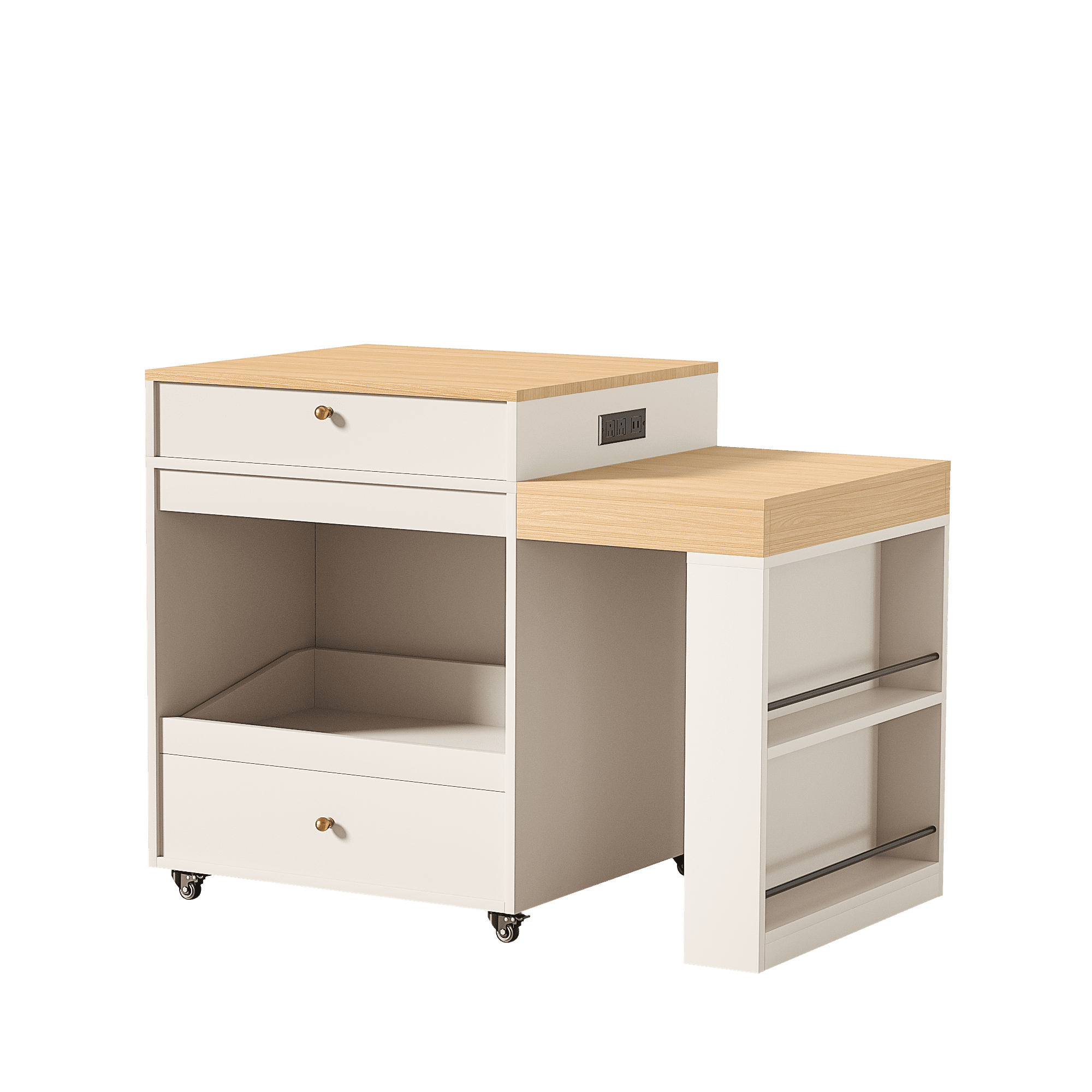 Mintazer 78.8'' Power Outlet Rolling Kitchen Island with 3-Stage Extendable Dining Table for 6-8, Kitchen Storage Cabinet with 2 Drawers and 3 Spice Rack for Pantry, Kithen, Dining Room, White