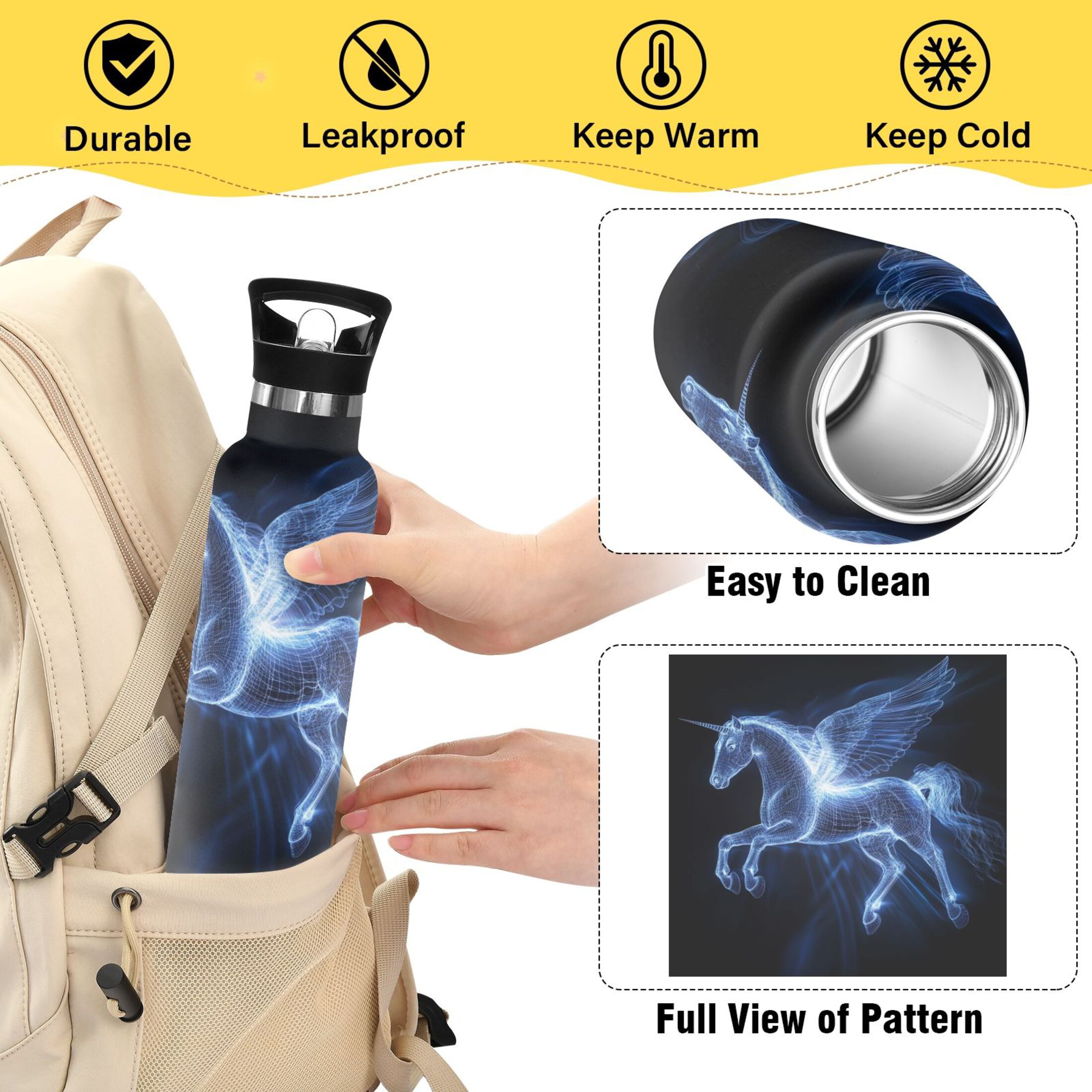 Kids Insulated Stainless Steel Sports Water Bottle 600ml (20oz) Blue Light Effect Pegasus