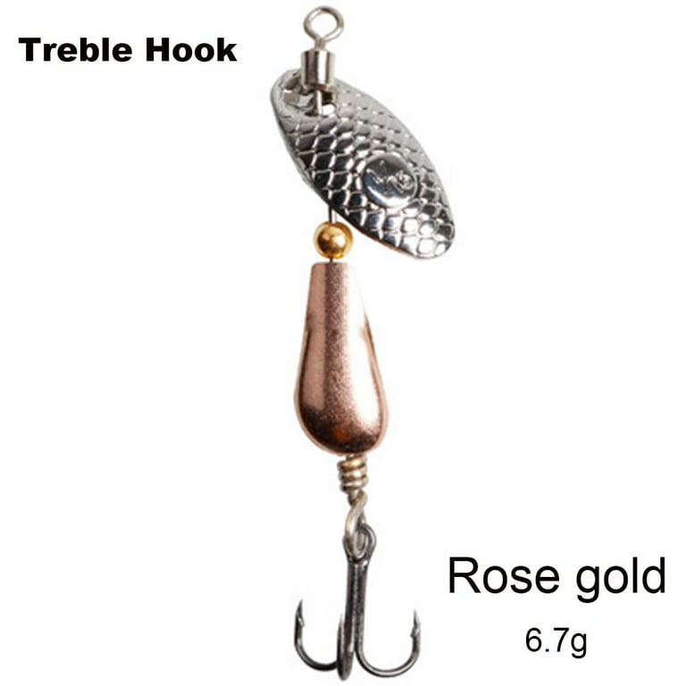 Portable Sequins Durable Metal Fishing Lure Rotating Spinner Spoon Crank  Bait Single Hook/Treble Hook TREBLE HOOK - ROSE GOLD - 6.7G 