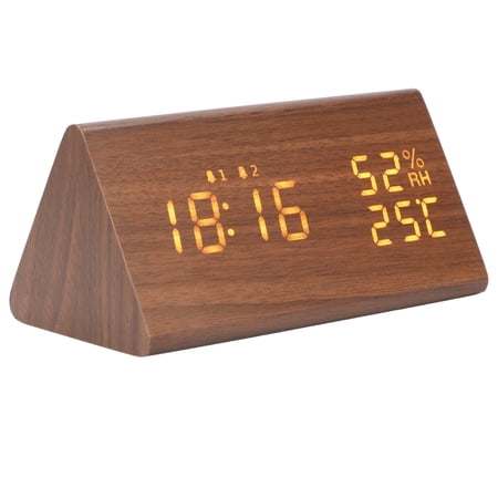 Riousery LED Digital Alarm Clock Multipurpose Wooden Voice Control Temperature Humidity Display 6.69 inches / 17 cm (Brown Wood)