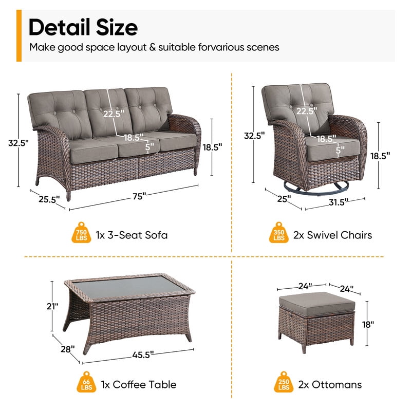 PARKWELL 6 Pieces Patio Furniture Set with Swivel Chairs, Outdoor All-Weather Wicker Conversation Sofa Set with Coffee Table,Ottoman and 5" Thick Cushion for Porch Deck, Brown/Gray