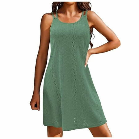OJSFQUFP Dressed for Womens Casual Sexy Green Womens Swimsuit Cover Up Spaghetti Strap Eyelet Embroidery Scoop Neck Sleeveless Casual Summer Dress Bikini Coverup L2