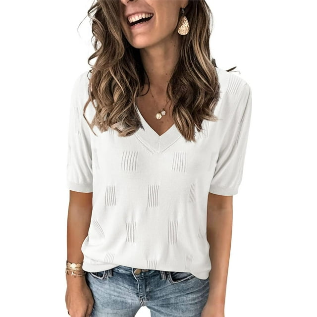 Arach&Cloz Women's V-Neck Short Sleeve Special Rib Knitted Pattern Casual Tops Sweater Spring Summer 2025