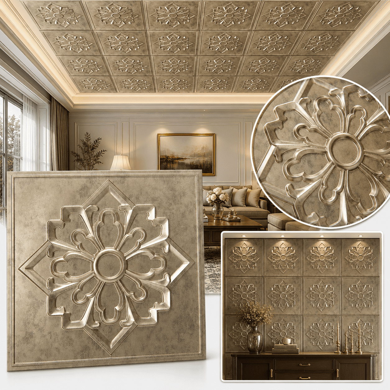 Yeslife 12-Pack 23.8" x 23.8" PVC Drop Ceiling Tiles, Antique Gold Vintage 3D Embossed Panels, Waterproof Glue-Up Ceiling Tiles for Walls, Ceilings, Home and Office, 48 Sq.Ft