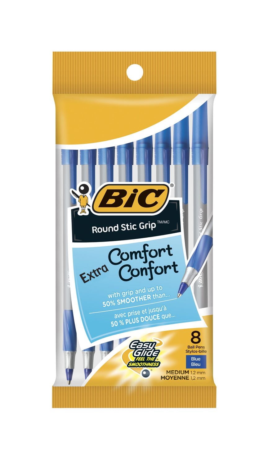 BIC Round Stic Grip Extra Comfort Ballpoint Pen, Medium Point (1.2mm), Blue, Soft Grip For Added Comfort And Control, 8-Count, 8 Count
