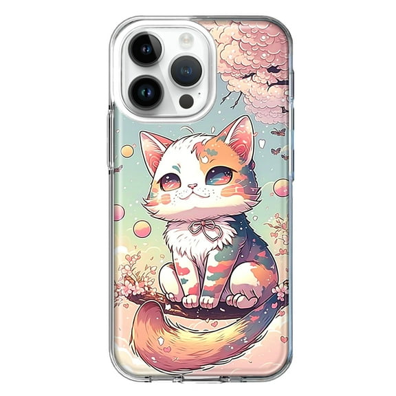 MUNDAZE Case for Apple iPhone 15 Pro Max Slim Hard Shell Soft TPU Hybrid Shockproof Heavy Duty Protective Phone Cover - Kawaii Manga Pink Cherry Blossom Cute Cat