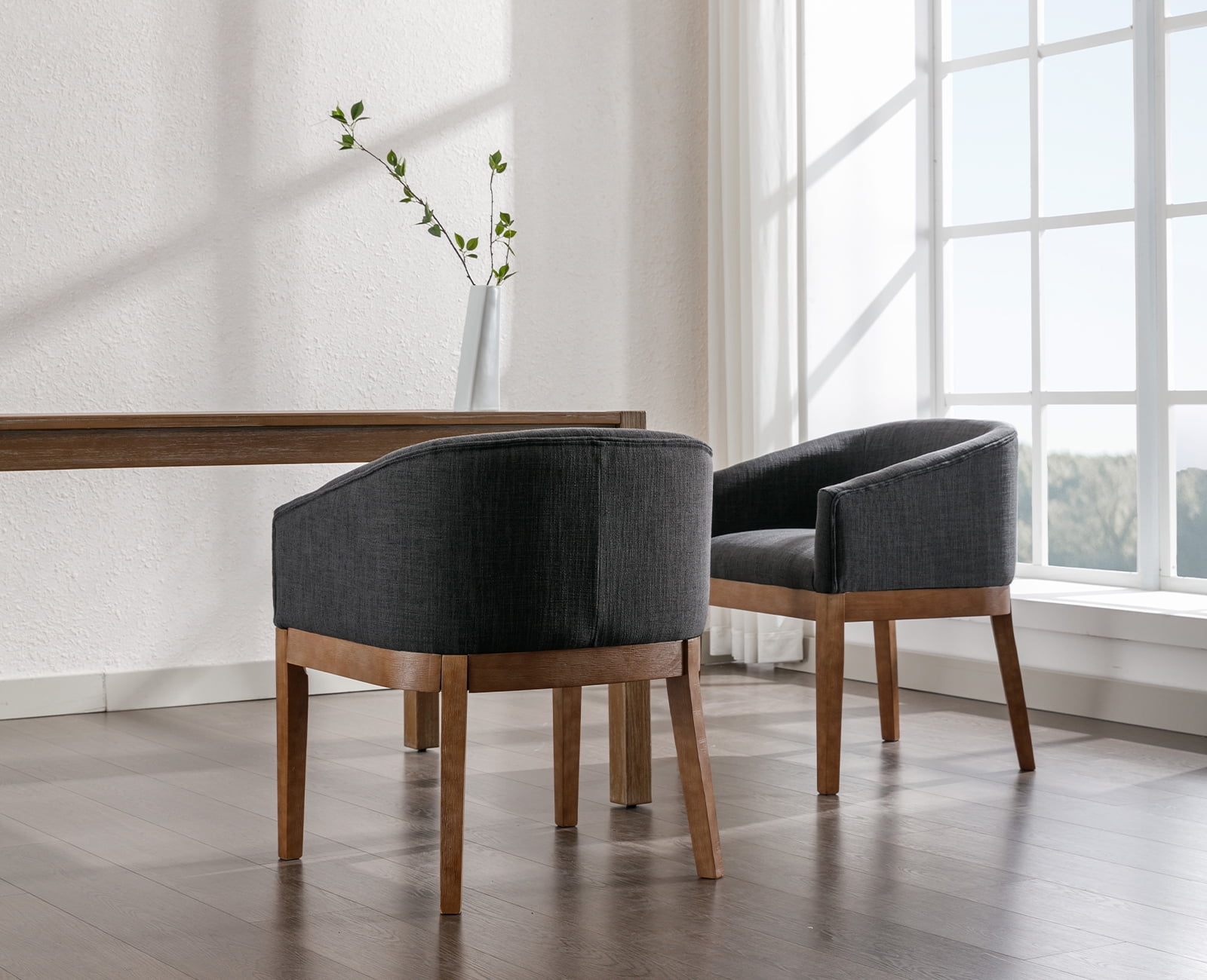 Guyou Mid Century Upholstered Dining Chairs Set of 2 Linen Fabric Wooden Armchair for Kitchen Living Room Charcoal Walmart