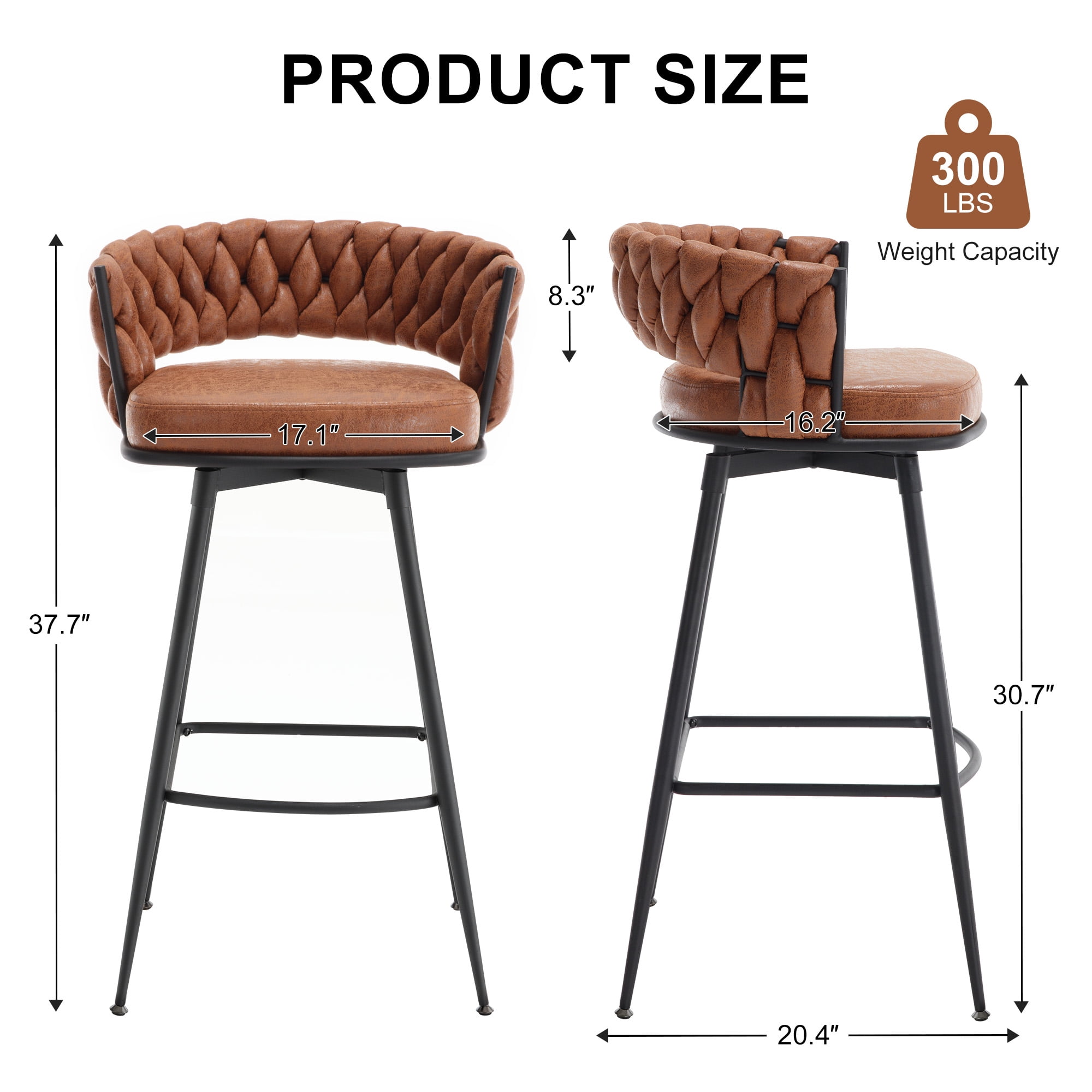 MYFUNT Bar Stools Set of 4, 30" Counter Height Stools, 180° Swivel Woven Back Barstools with Metal Footrest, Modern Bar Stools for Kitchen Island, Cafe, Pub, Whiskeybrown