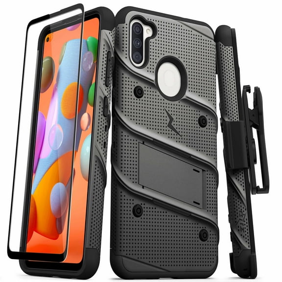 Zizo BOLT Series SAMSUNG Galaxy A11 Case with Screen Protector Kickstand Holster Lanyard - Gun Metal Gray & Black
