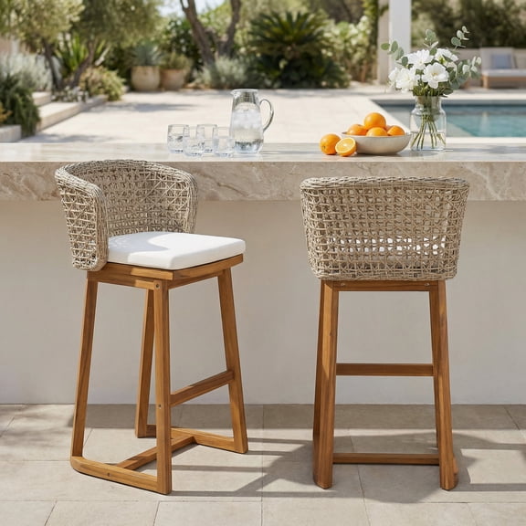 VTNG Outdoor Acacia Wood Bar Stools Set of 2 – Teak Finish Bar Height Chairs with Wicker Back, Beige
