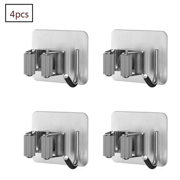 Soporte para fregona de acero inoxidable autoadhesivo para montaje en pared, soporte para utensilios de escoba con ganchos para el hogar, cocina, baño, garaje, jardín, paquete de 4 Adepaton LL-1743