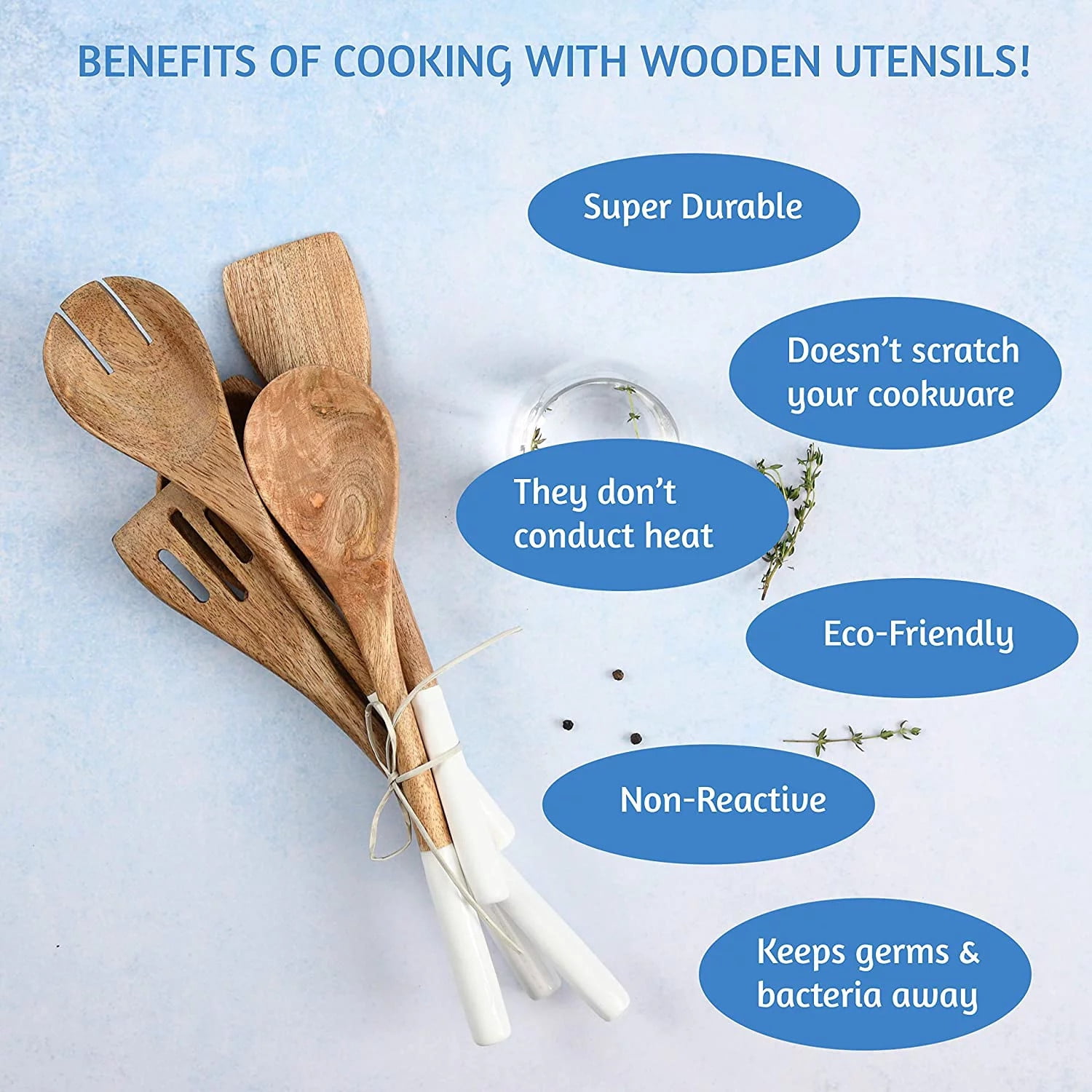 TEAFIRST Wooden Spoons for Cooking Utensils Set, Non Stick for Kitchen Cookware, Acacia Wood, White