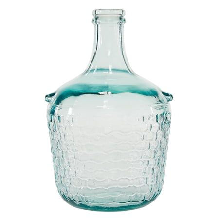 DecMode Teal Recycled Glass Handmade Spanish Bottle Neck Decorative Vase with Hexagon Bubble Texture, 8" x 8" x 12"