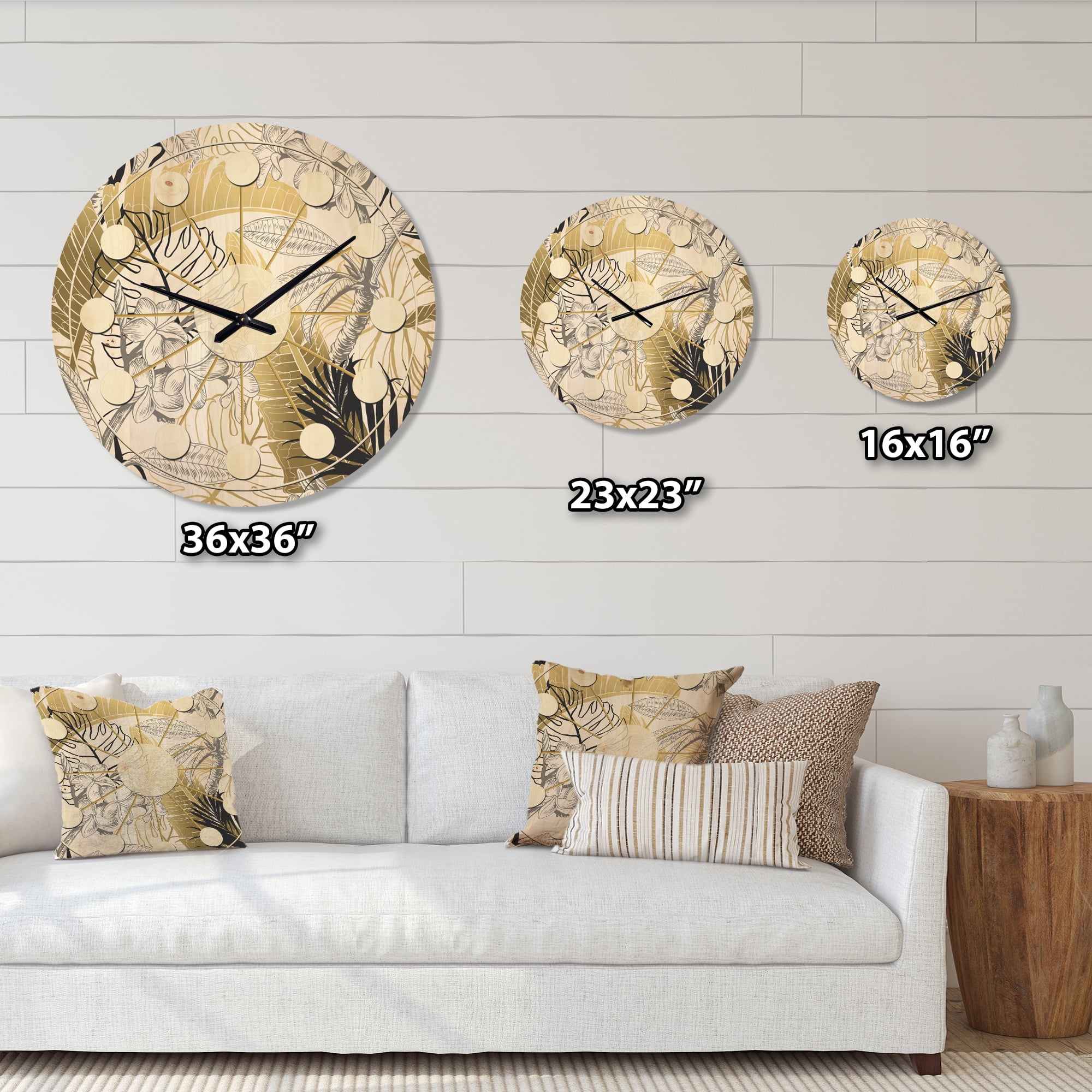 Designart 'Golden Tropical Leaves Pattern I' Mid-Century Modern Wood Wall Clock