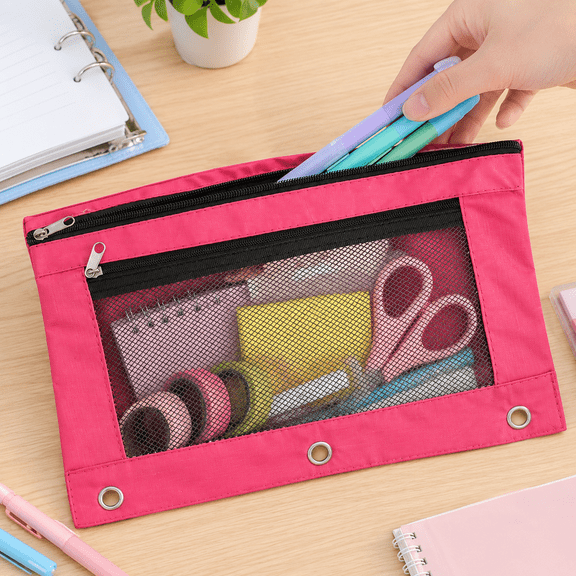 Daveitl 3 Ring Binder Dual Zipper Pencil Pouch, PVC Window Cloth Stationery Document Storage Bag, 9.84 x 7.09 Inches, Multiple Color Options
