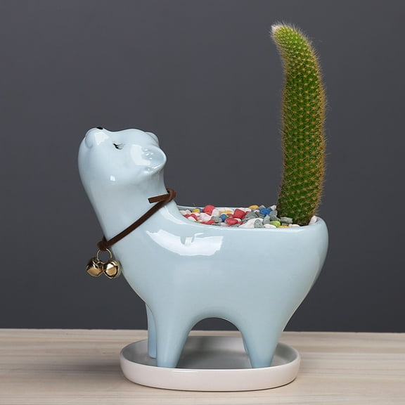 Adorable Ceramic Cat Succulent Planter with Drainage for Home Decor，Indoor Cute Animal Plant Pot White Ceramic Cactus/Flower Container