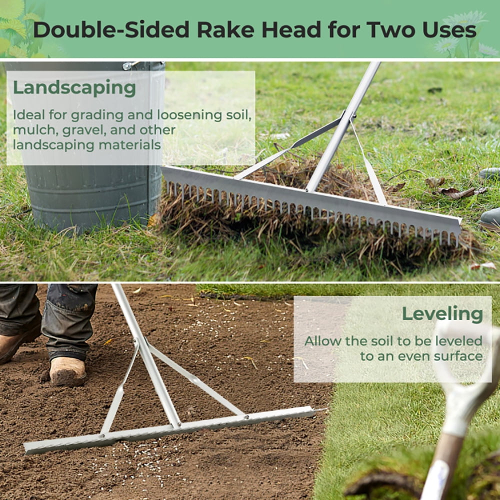 Yardi Yard Aluminum Rake with 36" Wide Rake Head and 68" Long Handle, Rolling Lawn Aerator, Rotary Spike Lawn Aerator