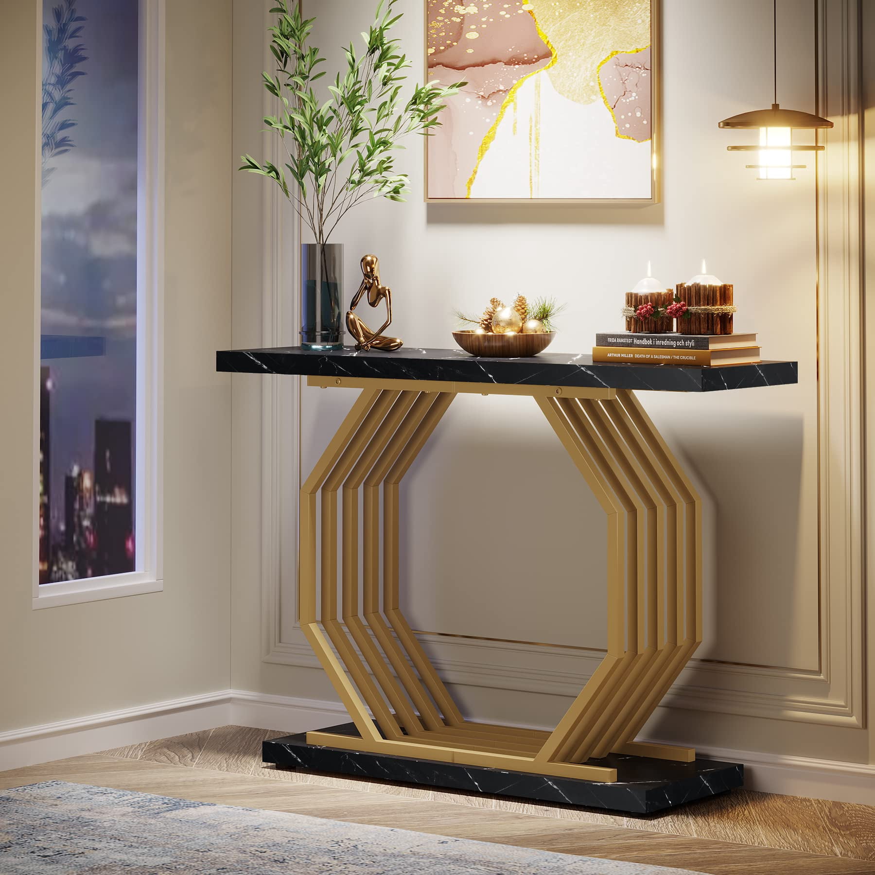 Tribesigns Gold Console Table, Faux Marble Entryway Table Narrow Sofa Table with Geometric Metal Base, 40 Inch Modern Accent Table Entrance Table for Living Room, Hallway, Foyer, Black and Gold