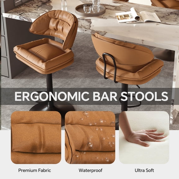 Bar Stools Set of 2 Adjustable Swivel Stool with Curved Backrest Faux Leather Upholstered Black Metal Base Brown for Kitchen Island Home Bar